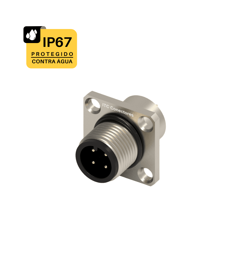 CONECTOR BASE QUADRADA CIRCULAR M12 - 1 AMPERE - MACHO - IP67 - LATÁO NIQUELADO 1,0 OURO