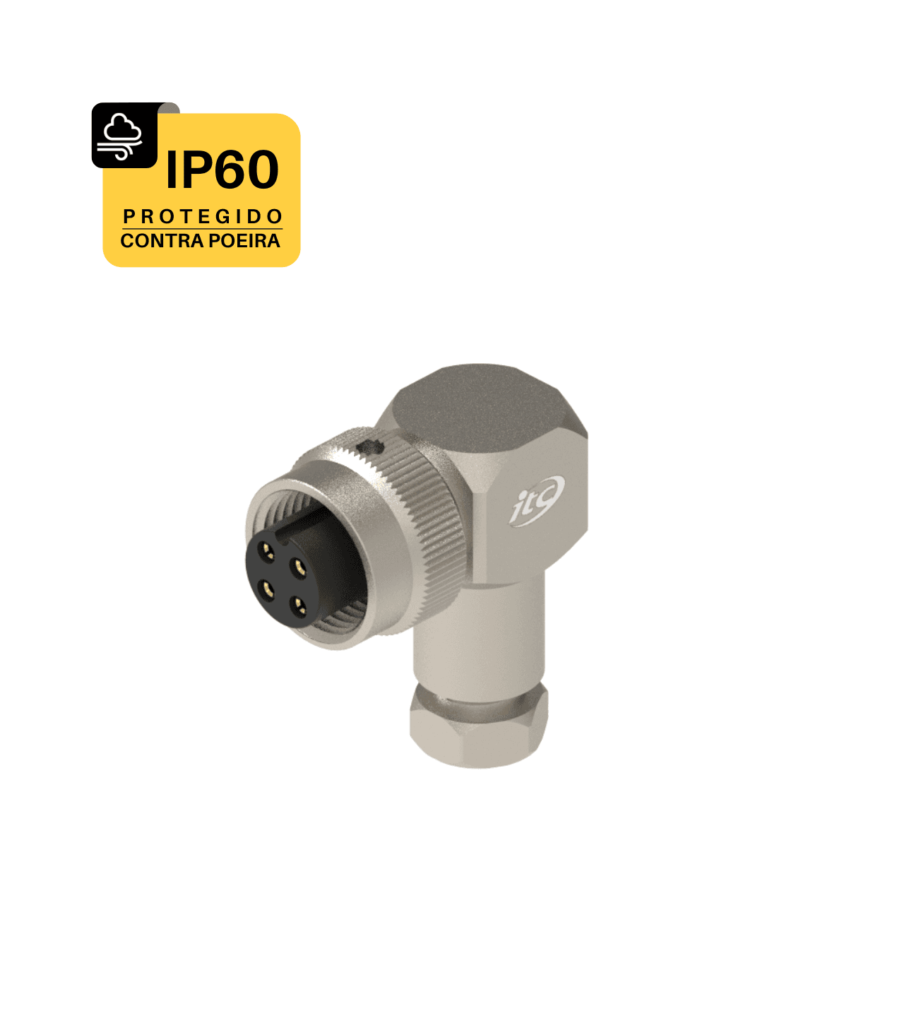 CONECTOR CABO CIRCULAR M12 90º - 1 AMPERE - FÊMEA - PRENSA CABO ITC M12 - IP60 - LATÁO NIQUELADO 1,0 OURO