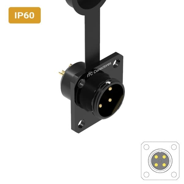 Conector M16 macho para painel quadrada IP60 10 amperes