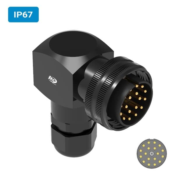 Conector M32 macho para cabo 90° IP67 10 amperes