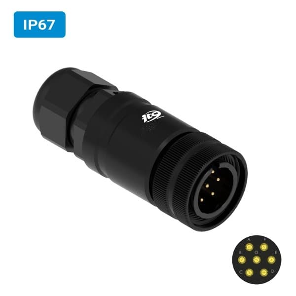 Conector militar H25 macho para cabo IP67 7 vias 6 amperes