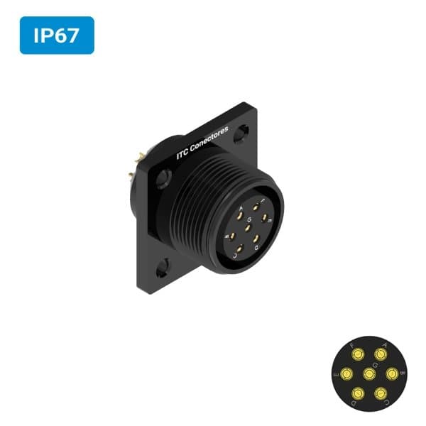 Conector militar H25 fêmea para painel IP67 7 vias 6 amperes