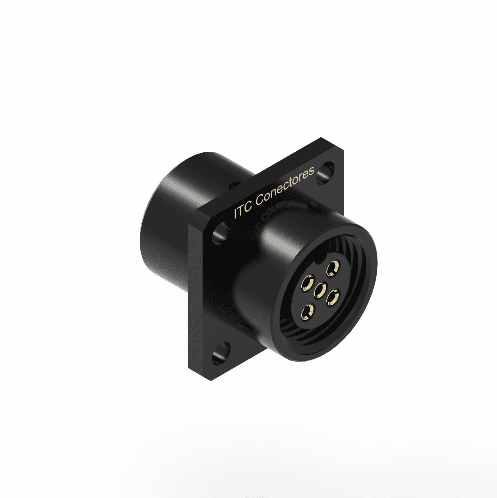 Conector Base Quadrada Circular M12 - 5 Vias - 1 Ampere - Fêmea - IP67 - Alumínio Preto 1,0-Ouro
