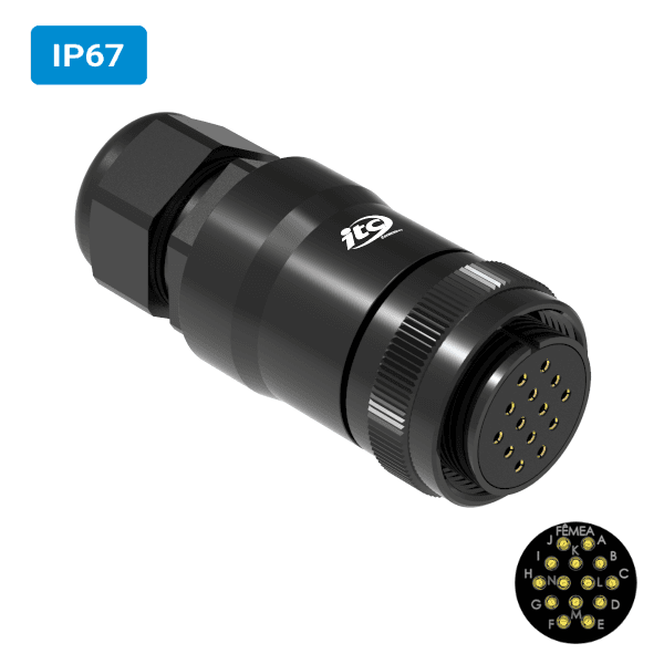 Conector militar H32 fêmea para cabo IP67 14 vias 6 amperes