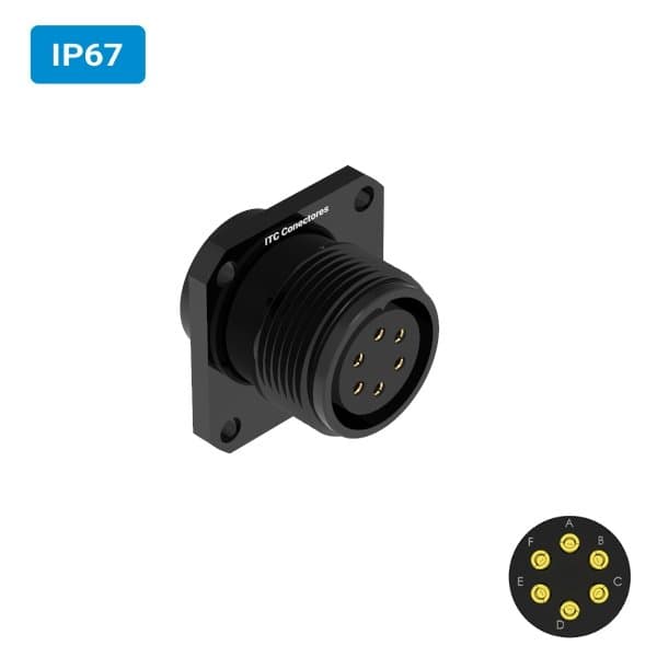 Conector militar H22 fêmea para painel IP67 6 vias 6 amperes